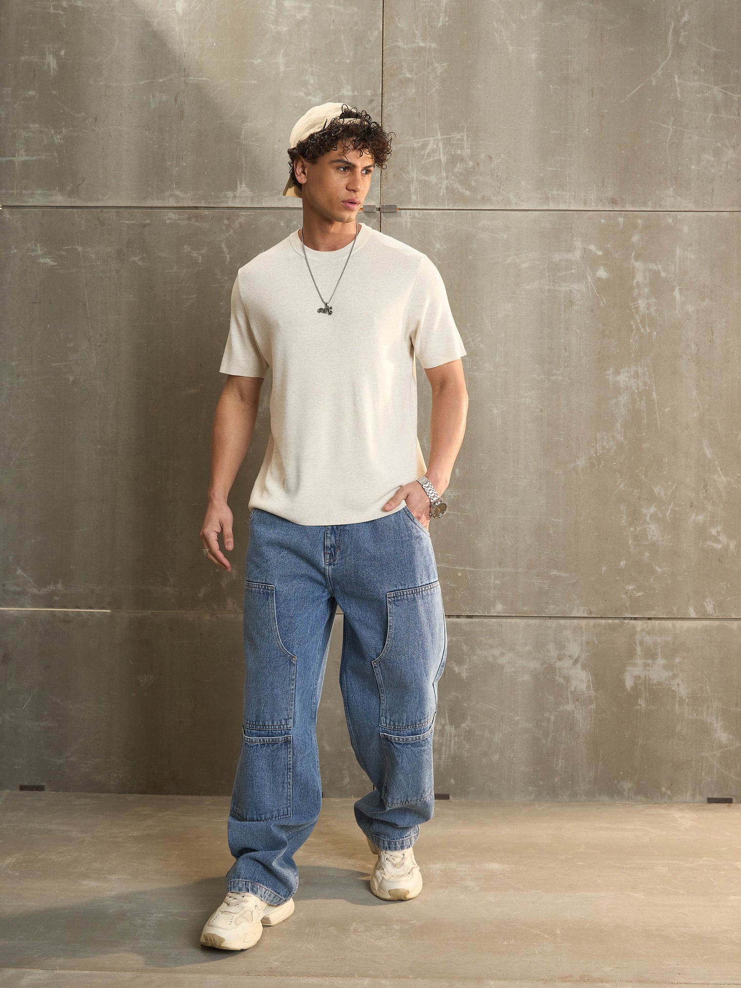 Men Navy Washed Wide Leg Carpenter Jeans