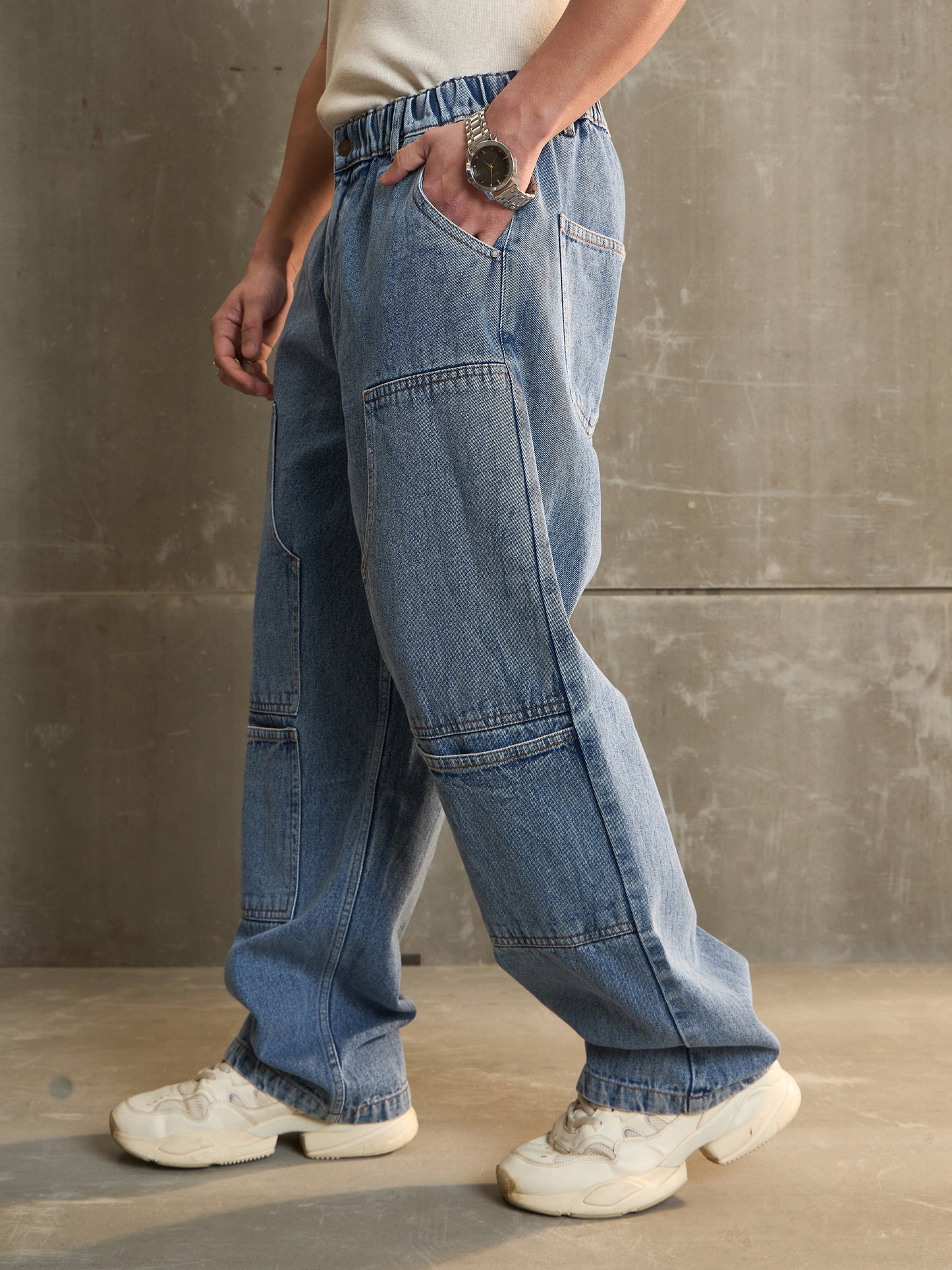 Men Navy Washed Wide Leg Carpenter Jeans