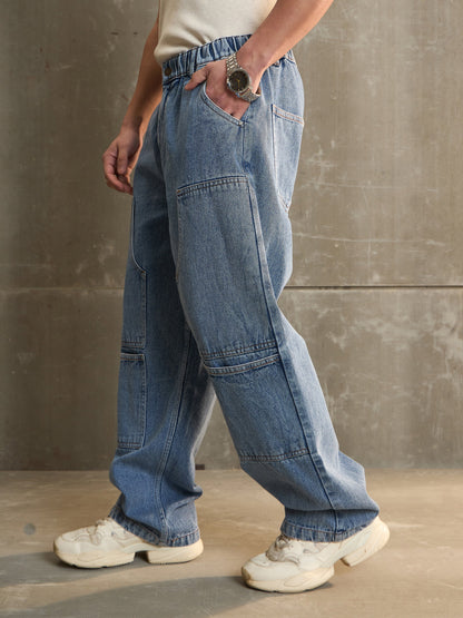Men Navy Washed Wide Leg Carpenter Jeans