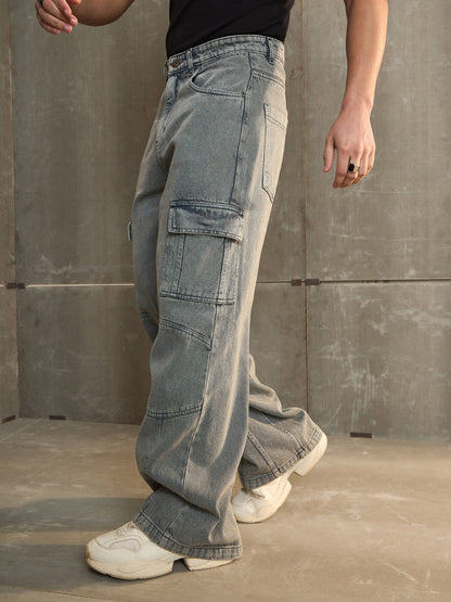 Men Grey Wide Leg Cargo Jeans