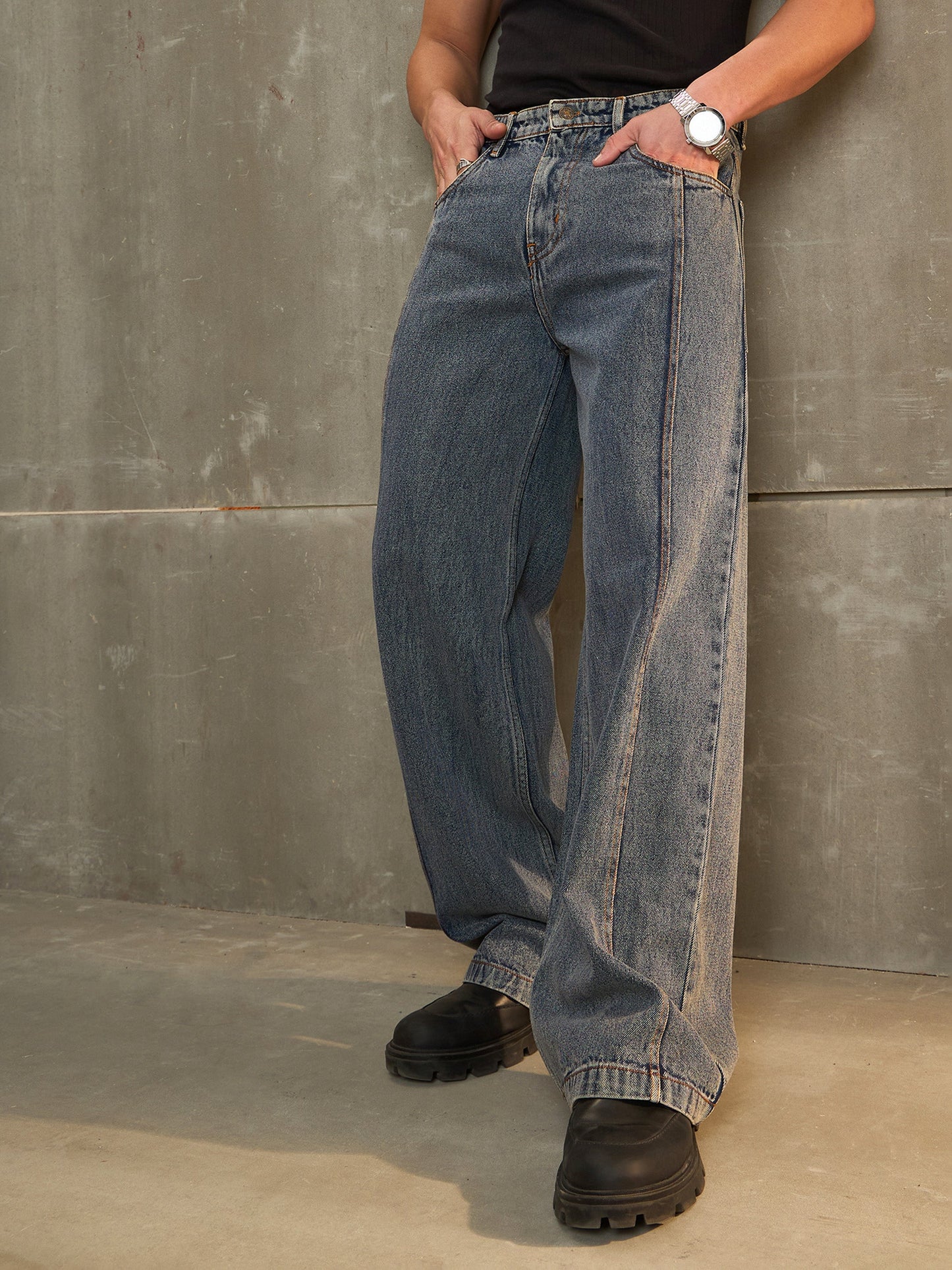 Men Navy Washed Front Pleated Wide Leg Jeans