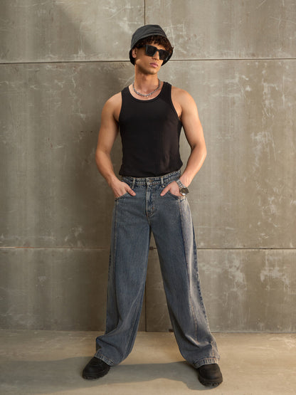Men Navy Washed Front Pleated Wide Leg Jeans