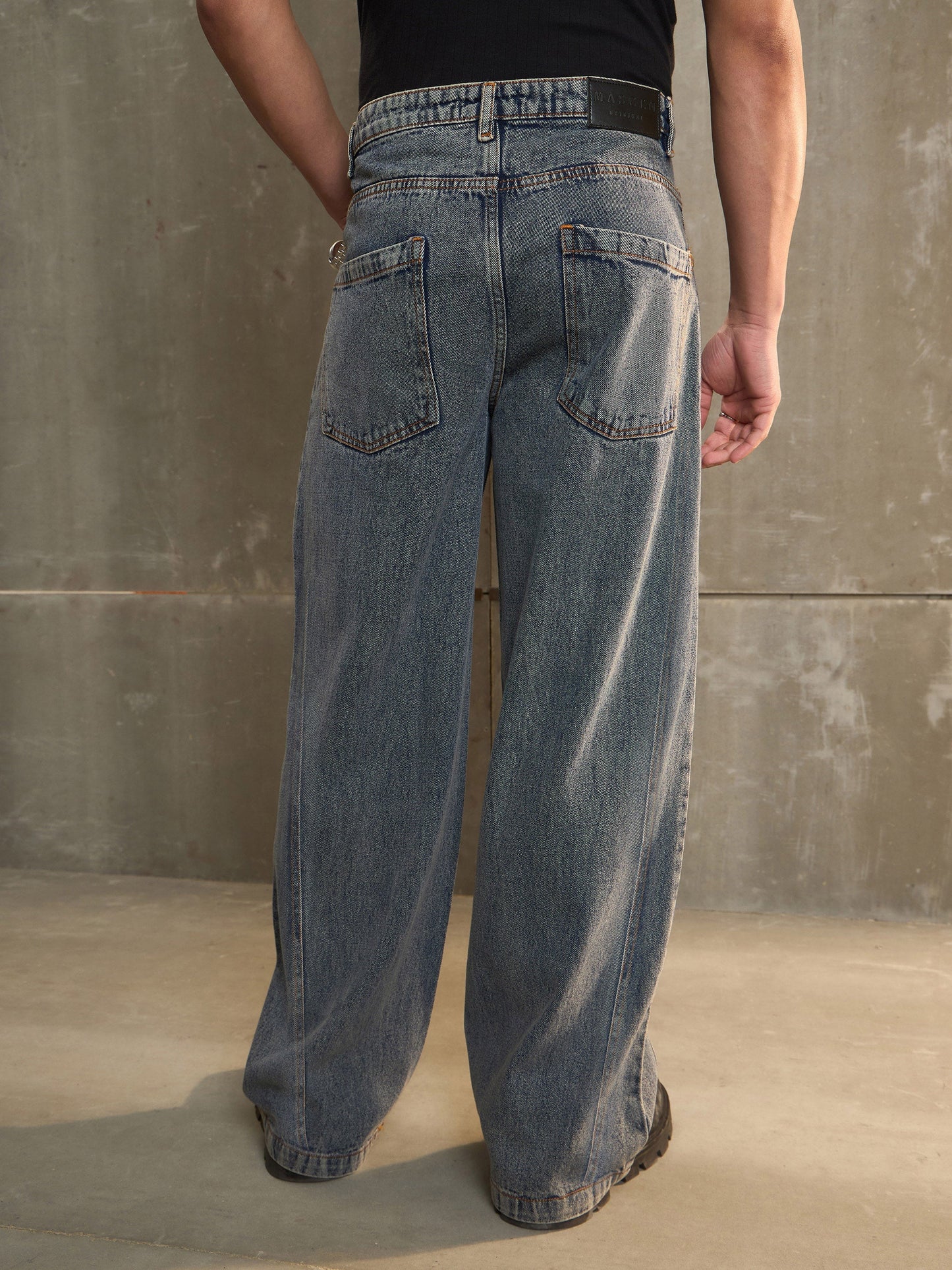 Men Navy Washed Front Pleated Wide Leg Jeans