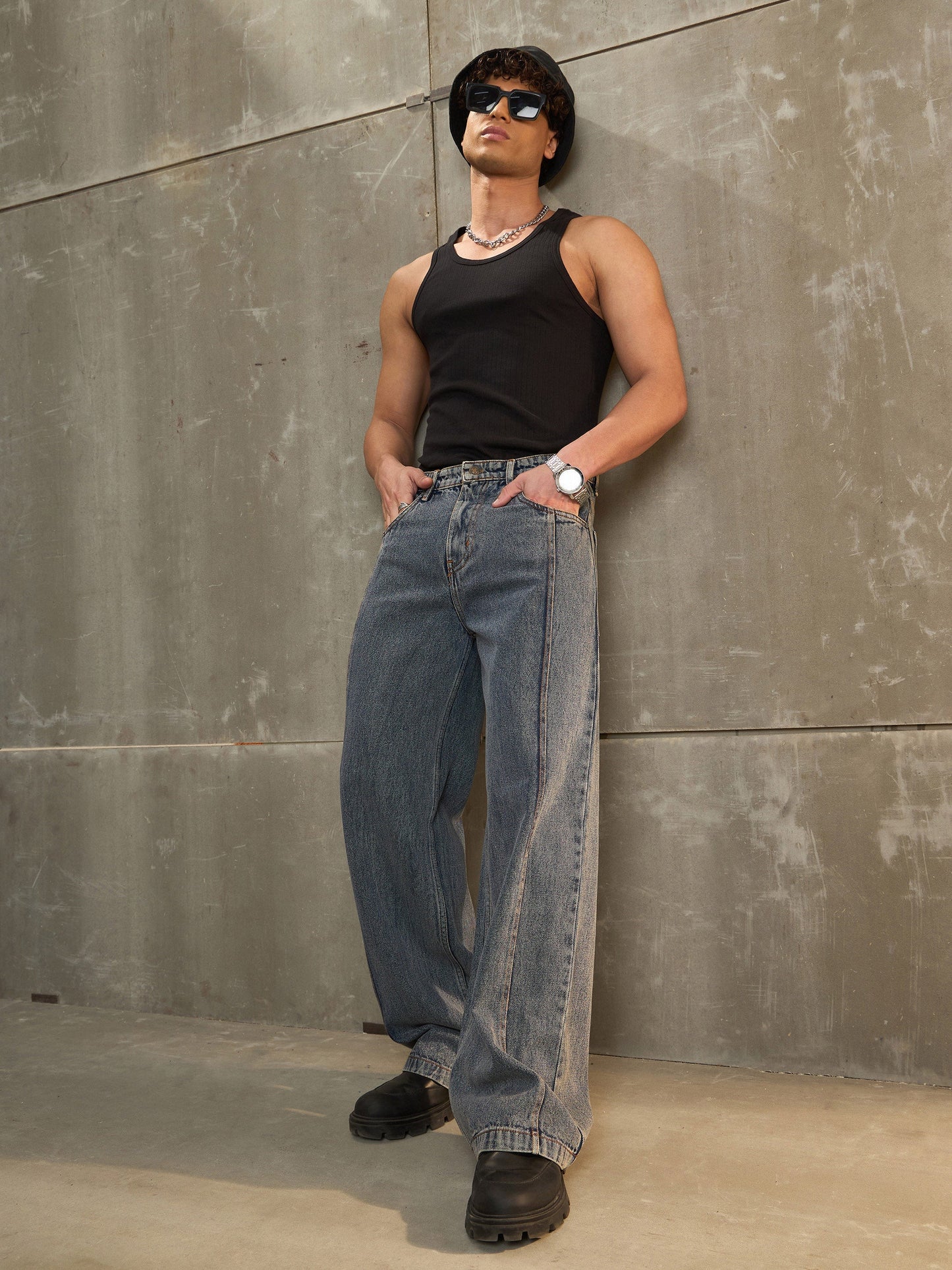 Men Navy Washed Front Pleated Wide Leg Jeans