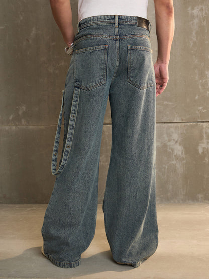 Men Blue Washed Knee Pleated Wide Leg Jeans