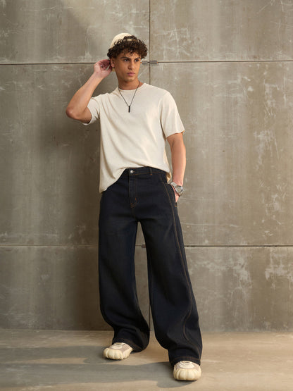 Men Navy Washed Side Detail Wide Leg Jeans