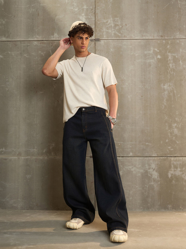 Men Navy Washed Side Detail Wide Leg Jeans