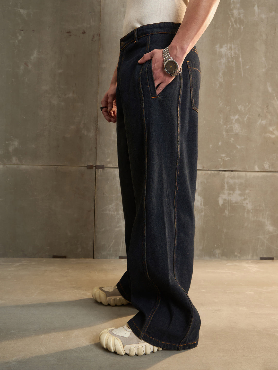 Men Navy Washed Side Detail Wide Leg Jeans