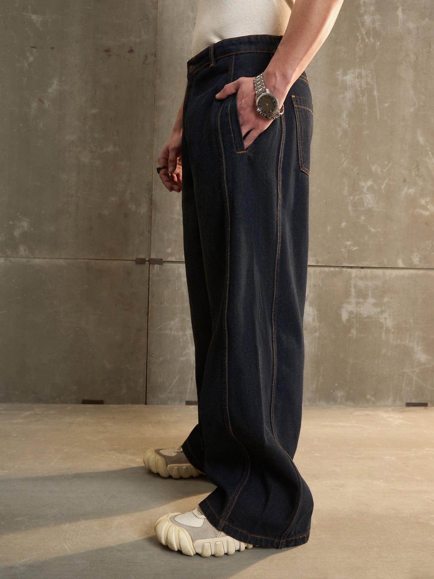 Men Navy Washed Side Detail Wide Leg Jeans