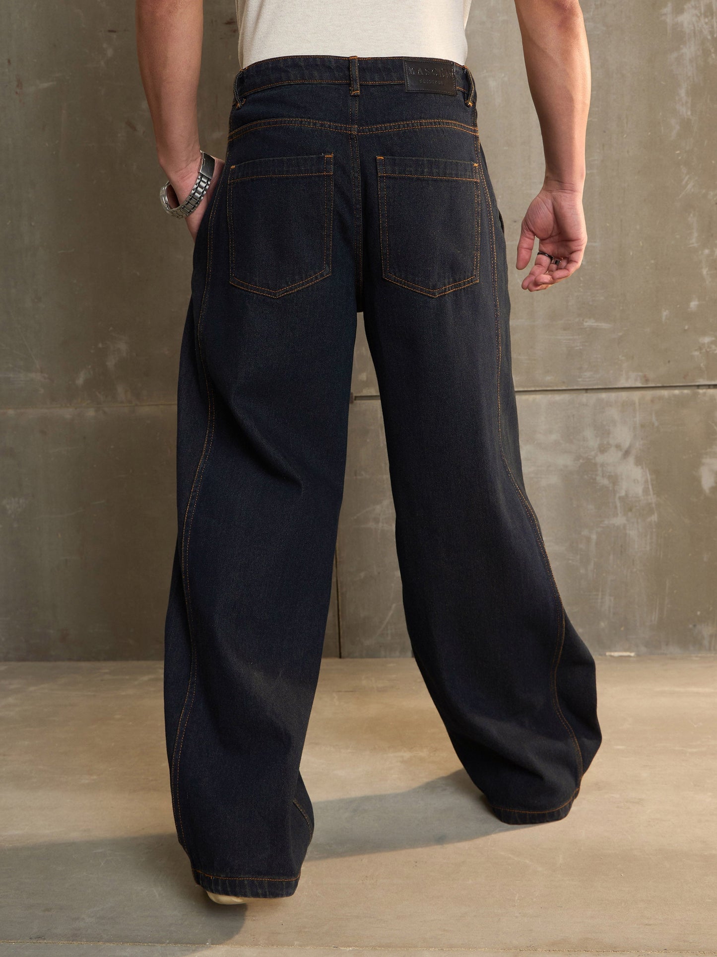 Men Navy Washed Side Detail Wide Leg Jeans