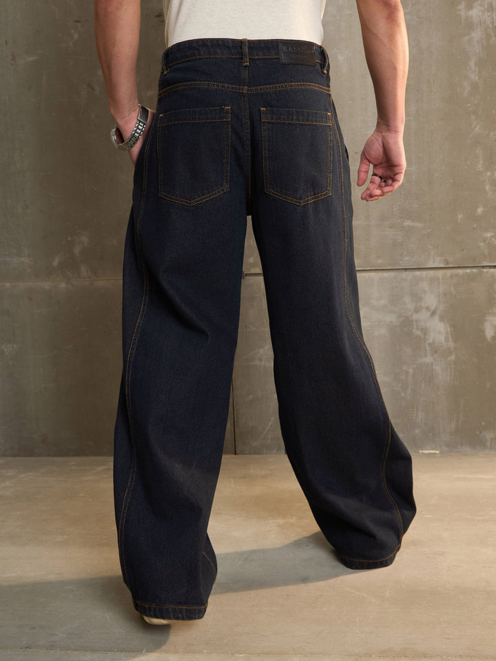 Men Navy Washed Side Detail Wide Leg Jeans