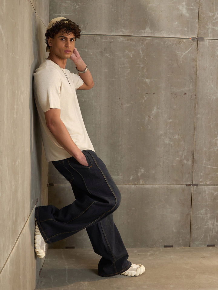 Men Navy Washed Side Detail Wide Leg Jeans