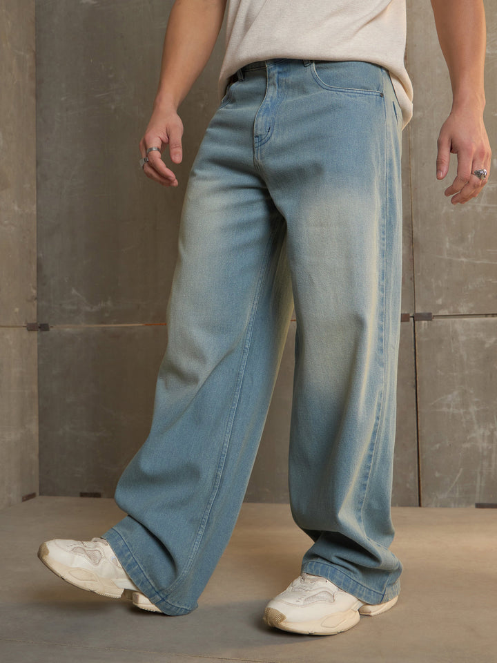 Men Blue Washed Basic Wide Leg Jeans