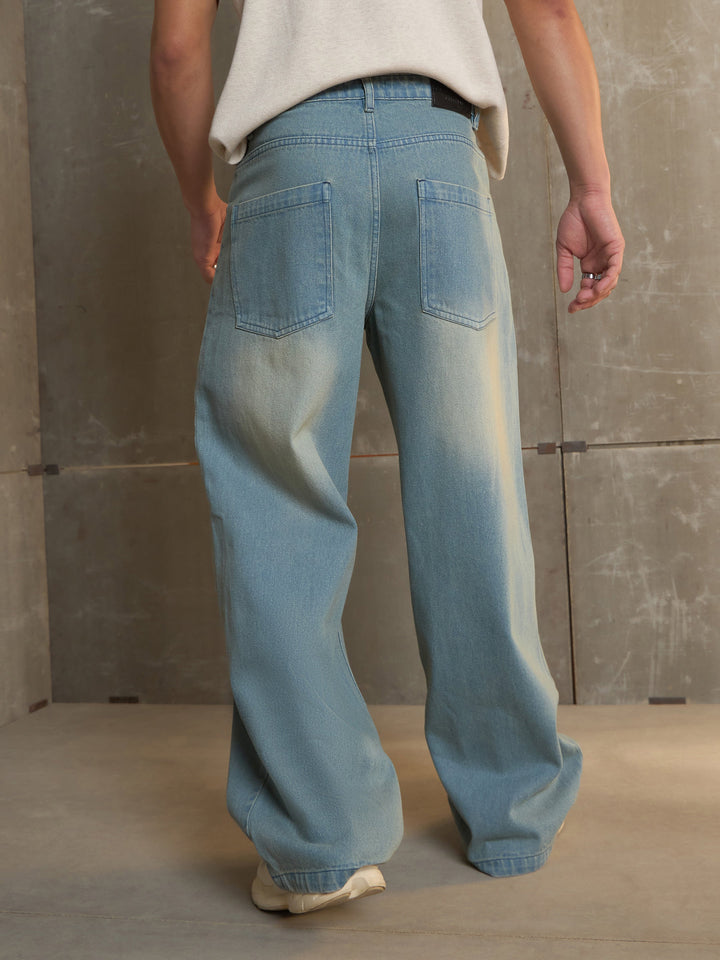 Men Blue Washed Basic Wide Leg Jeans