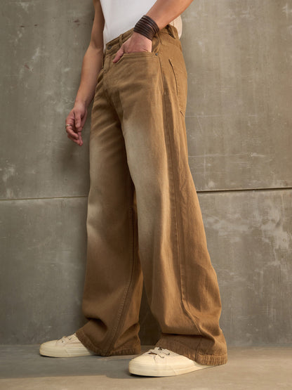 Men Brown Washed Basic Wide Leg Jeans