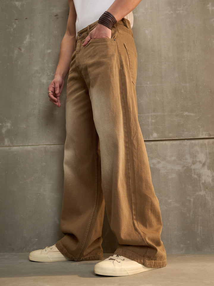 Men Brown Washed Basic Wide Leg Jeans