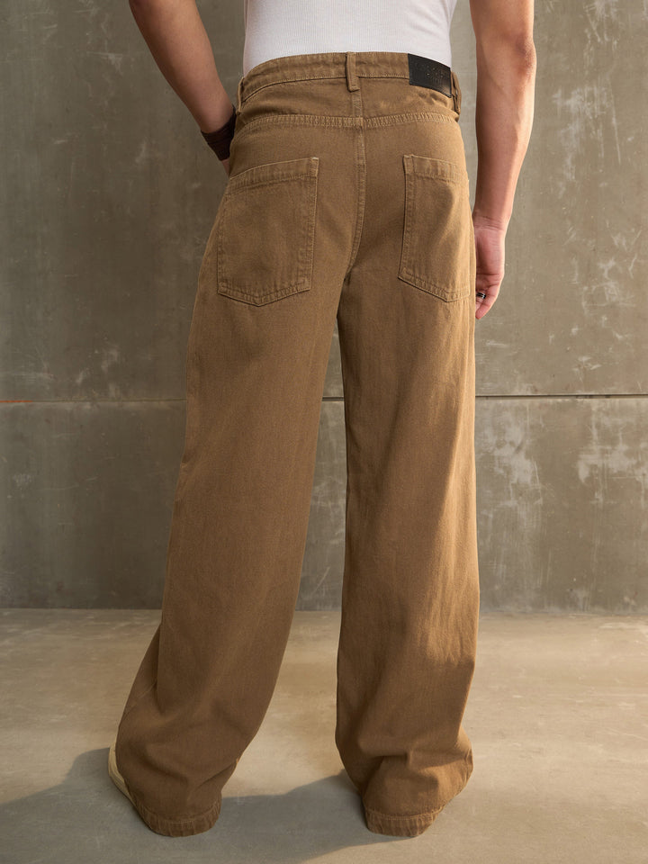 Men Brown Washed Basic Wide Leg Jeans