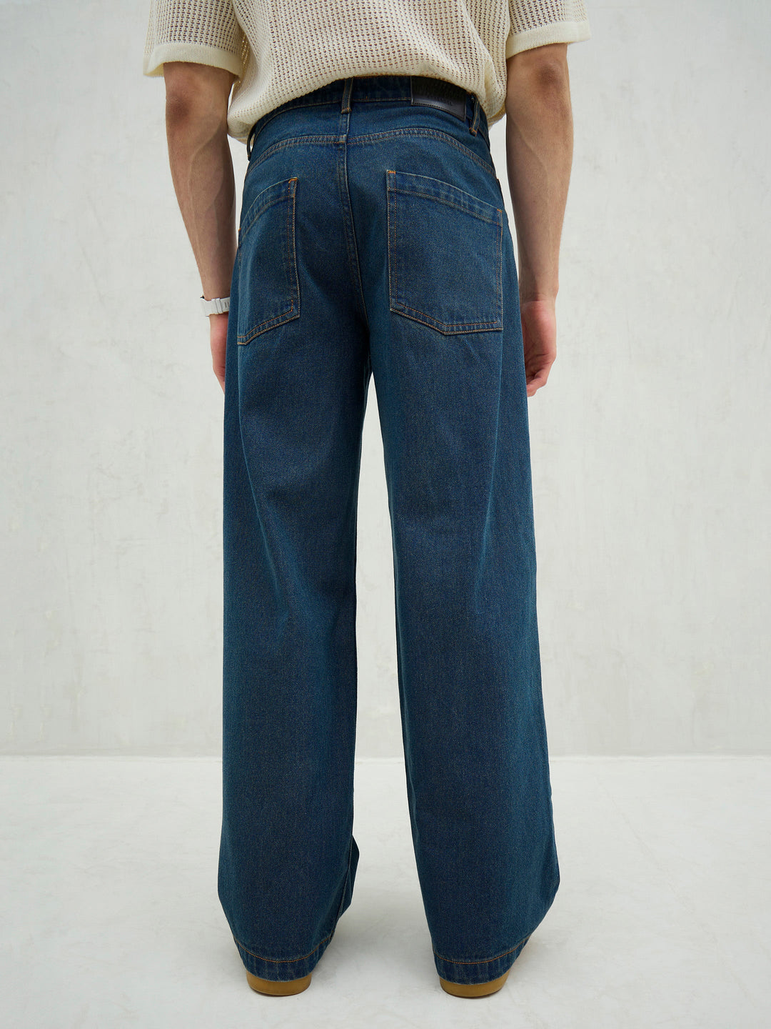 Men Blue Washed Knee Distressed Wide Leg Jeans