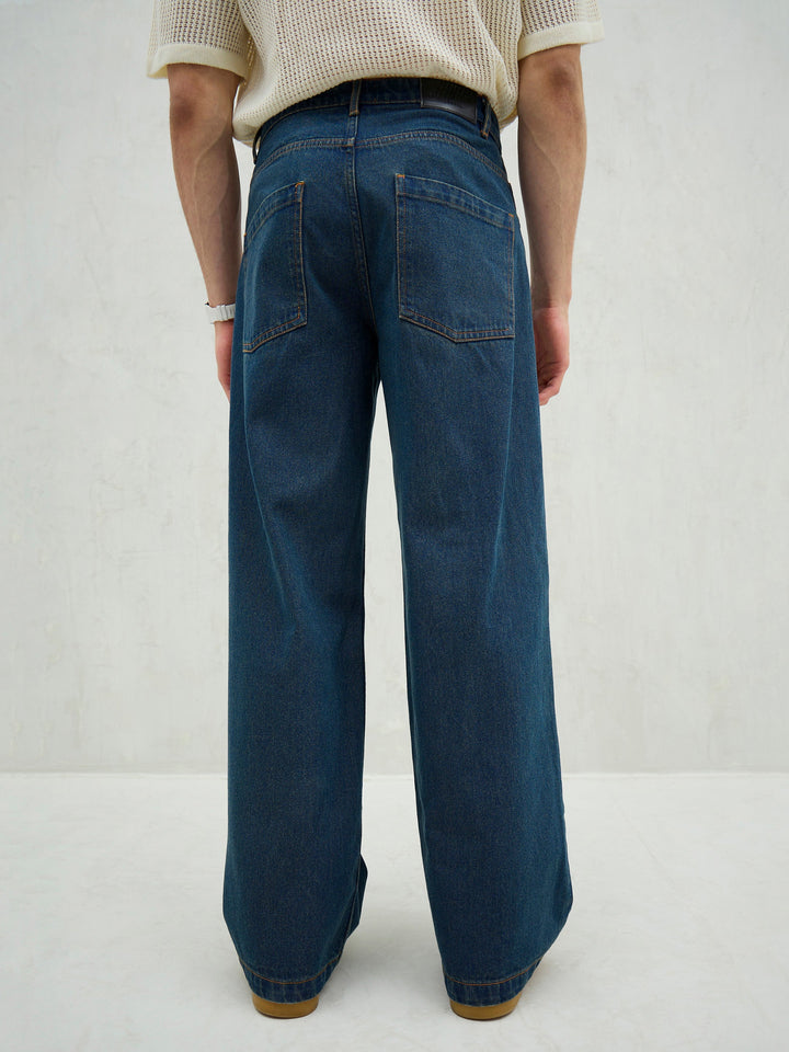 Men Blue Washed Knee Distressed Wide Leg Jeans