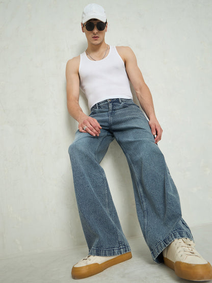 Men Light Blue Basic Wide Leg Jeans