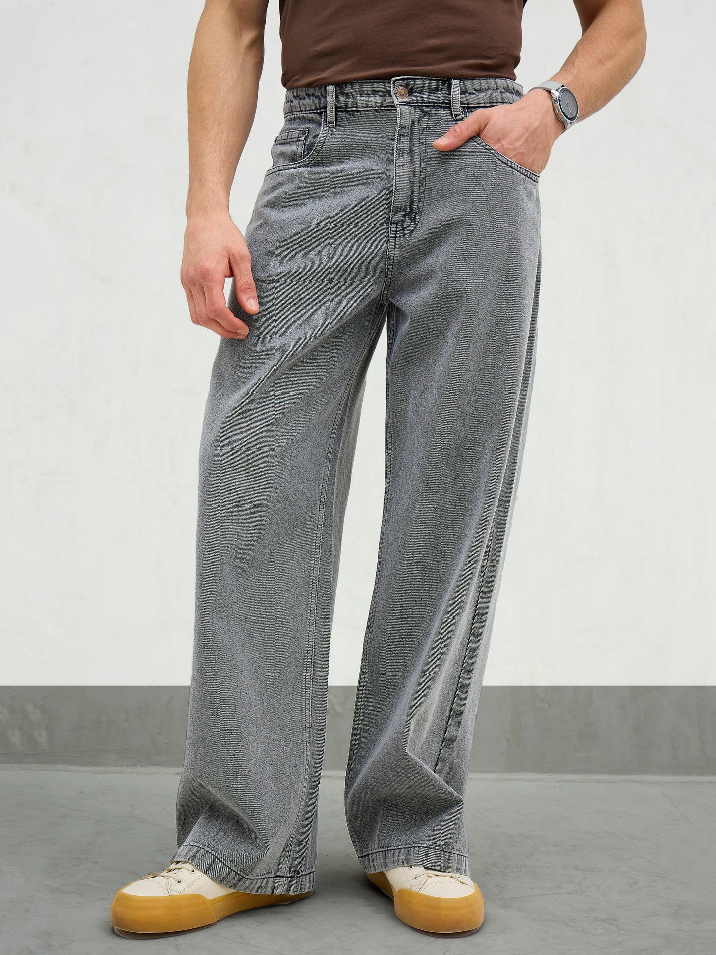 Men Light Grey Basic Wide Leg Jeans