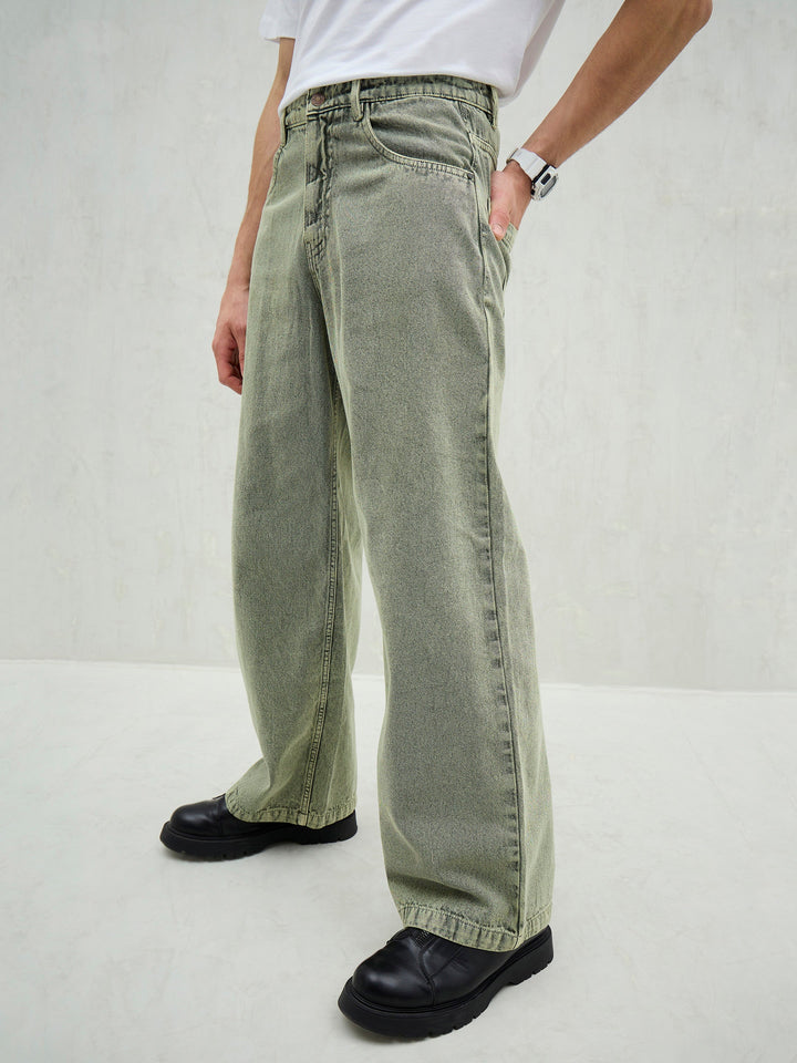 Men Light Green Basic Wide Leg Jeans