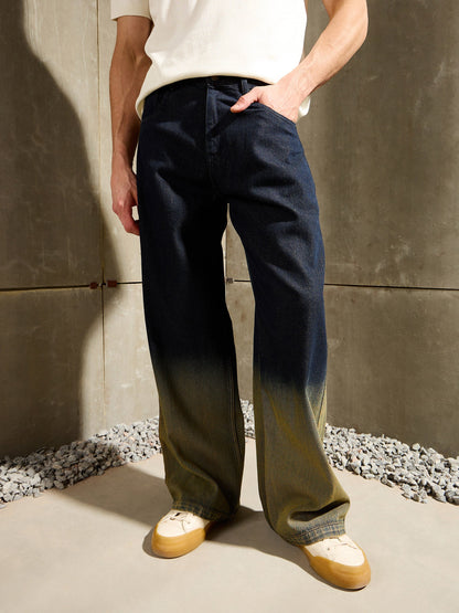 Men Blue Ombre Wide Leg Jeans
