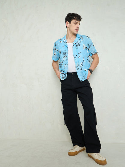 Men Black Big Cargo Pockets Wide Leg Jeans