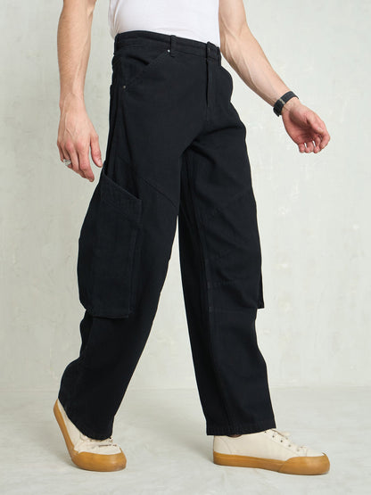 Men Black Big Cargo Pockets Wide Leg Jeans