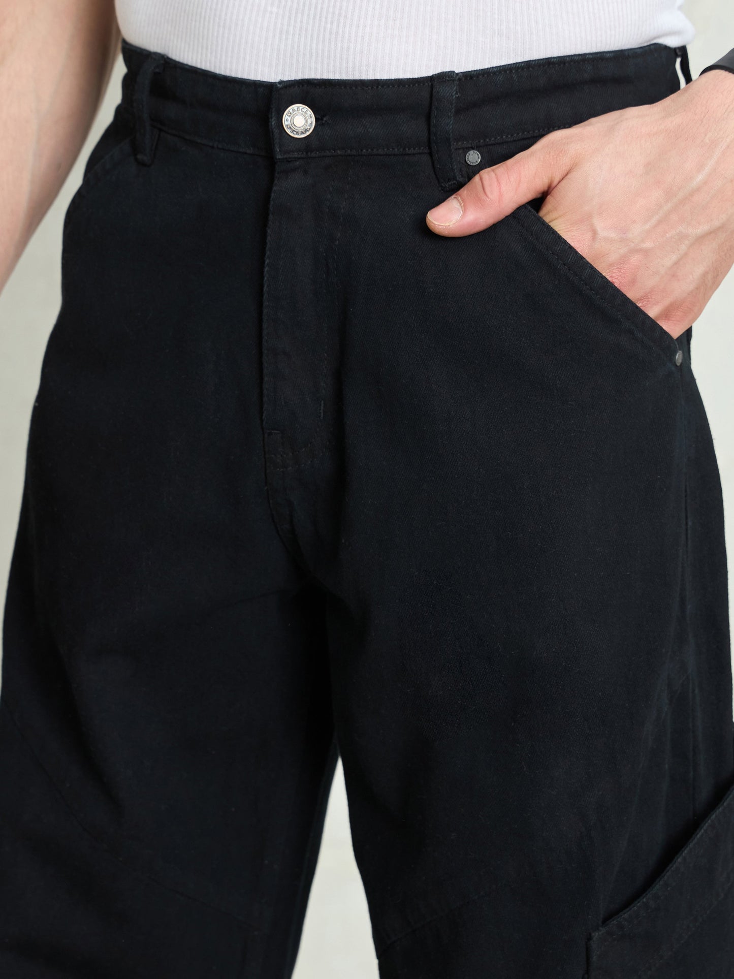 Men Black Big Cargo Pockets Wide Leg Jeans