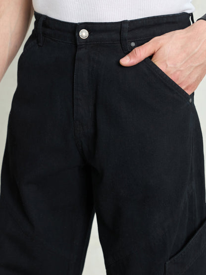 Men Black Big Cargo Pockets Wide Leg Jeans