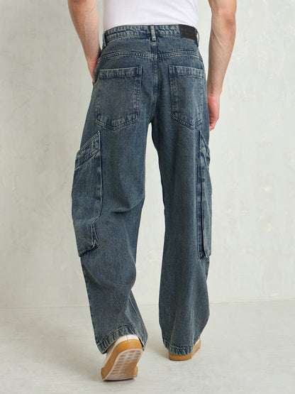Men Blue Washed Big Cargo Pockets Wide Leg Jeans