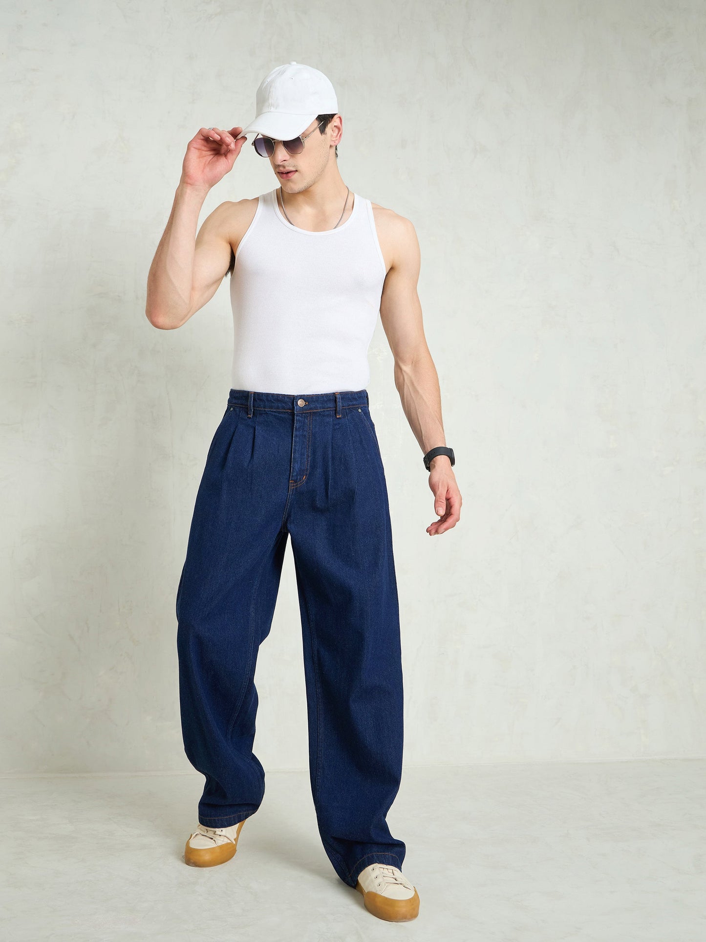 Men Navy Blue Front Dart Wide Leg Jeans