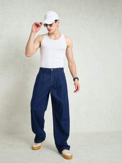 Men Navy Blue Front Dart Wide Leg Jeans