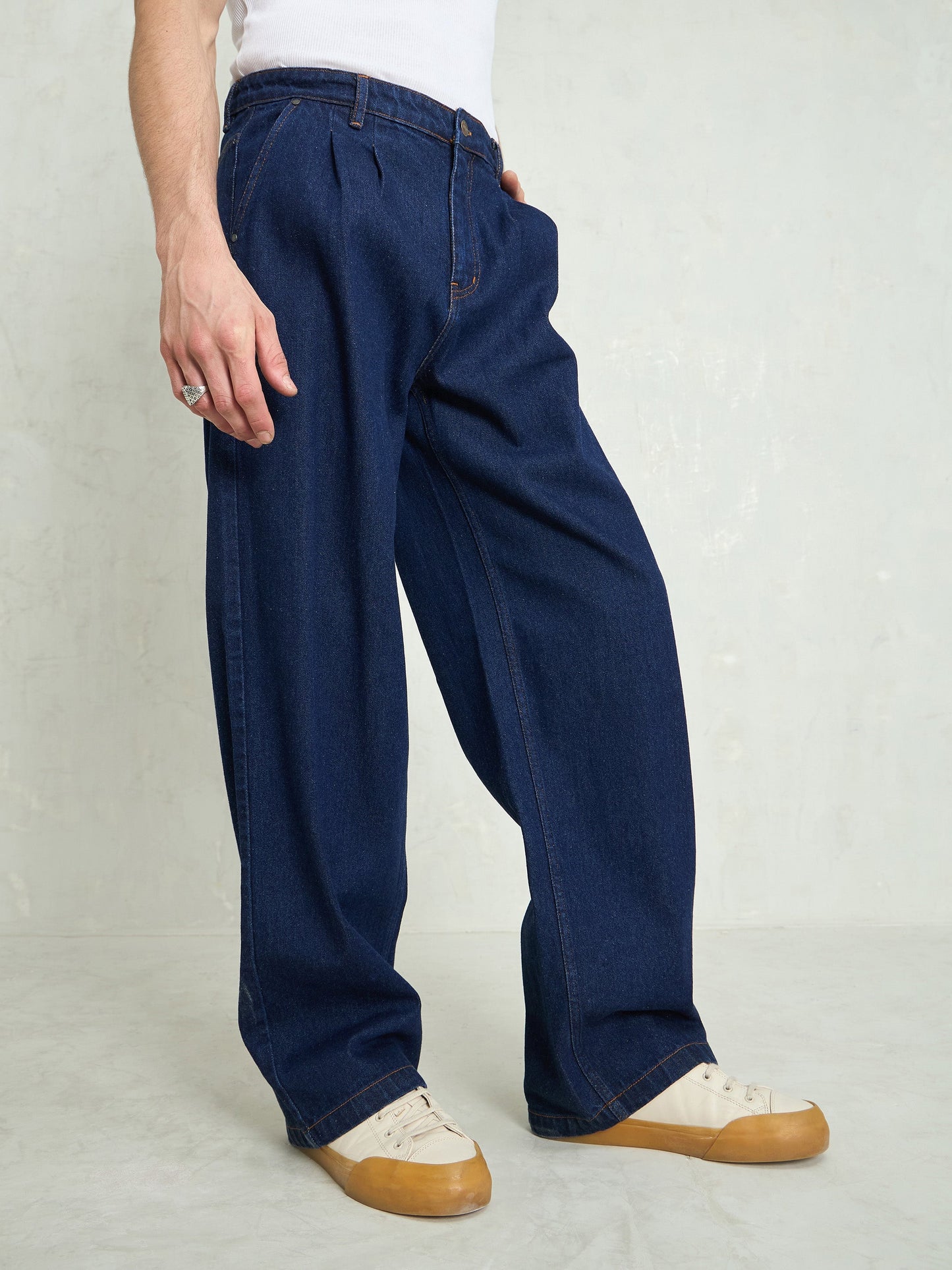Men Navy Blue Front Dart Wide Leg Jeans