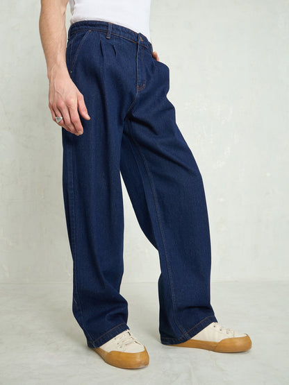 Men Navy Blue Front Dart Wide Leg Jeans