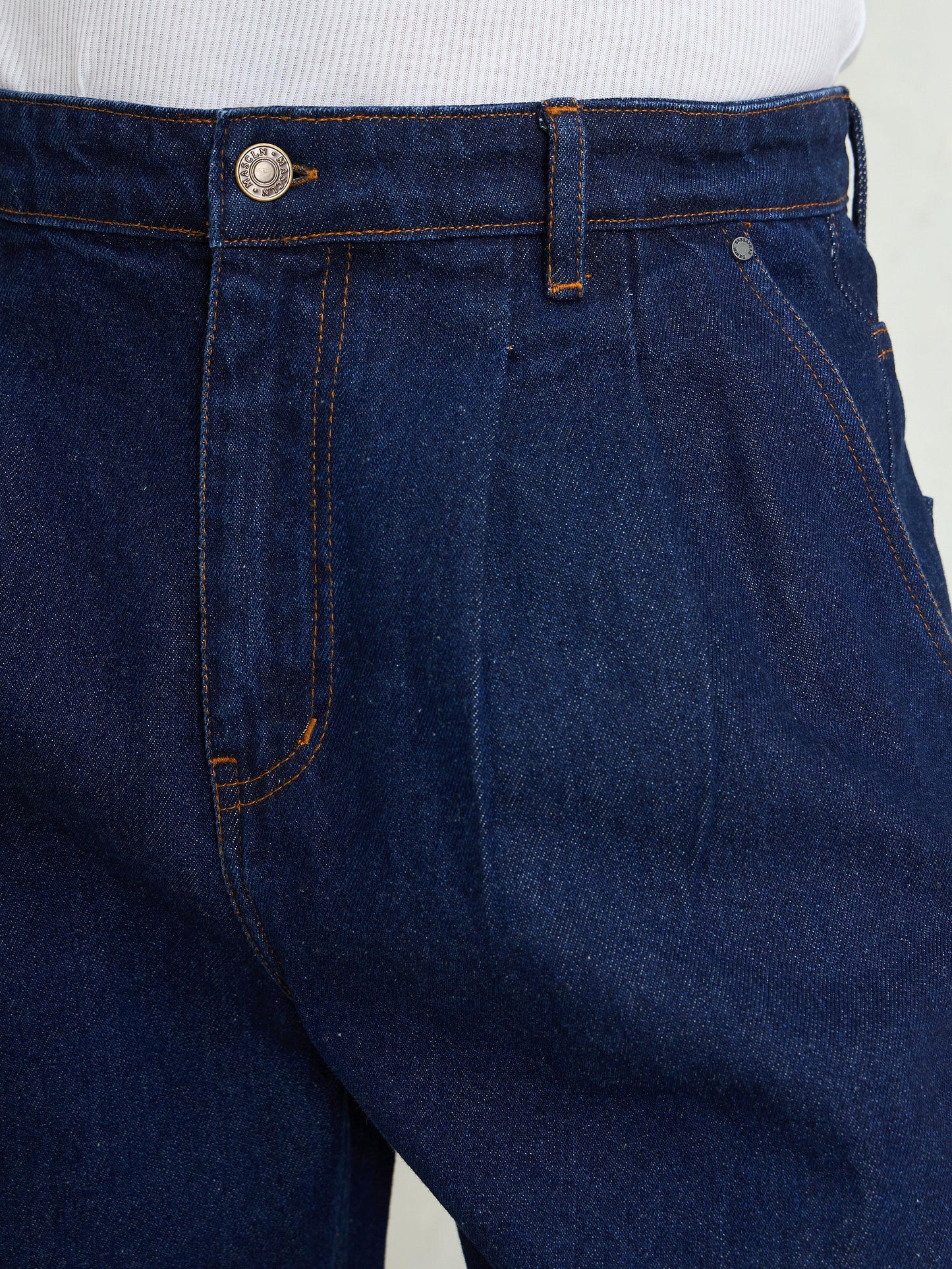 Men Navy Blue Front Dart Wide Leg Jeans