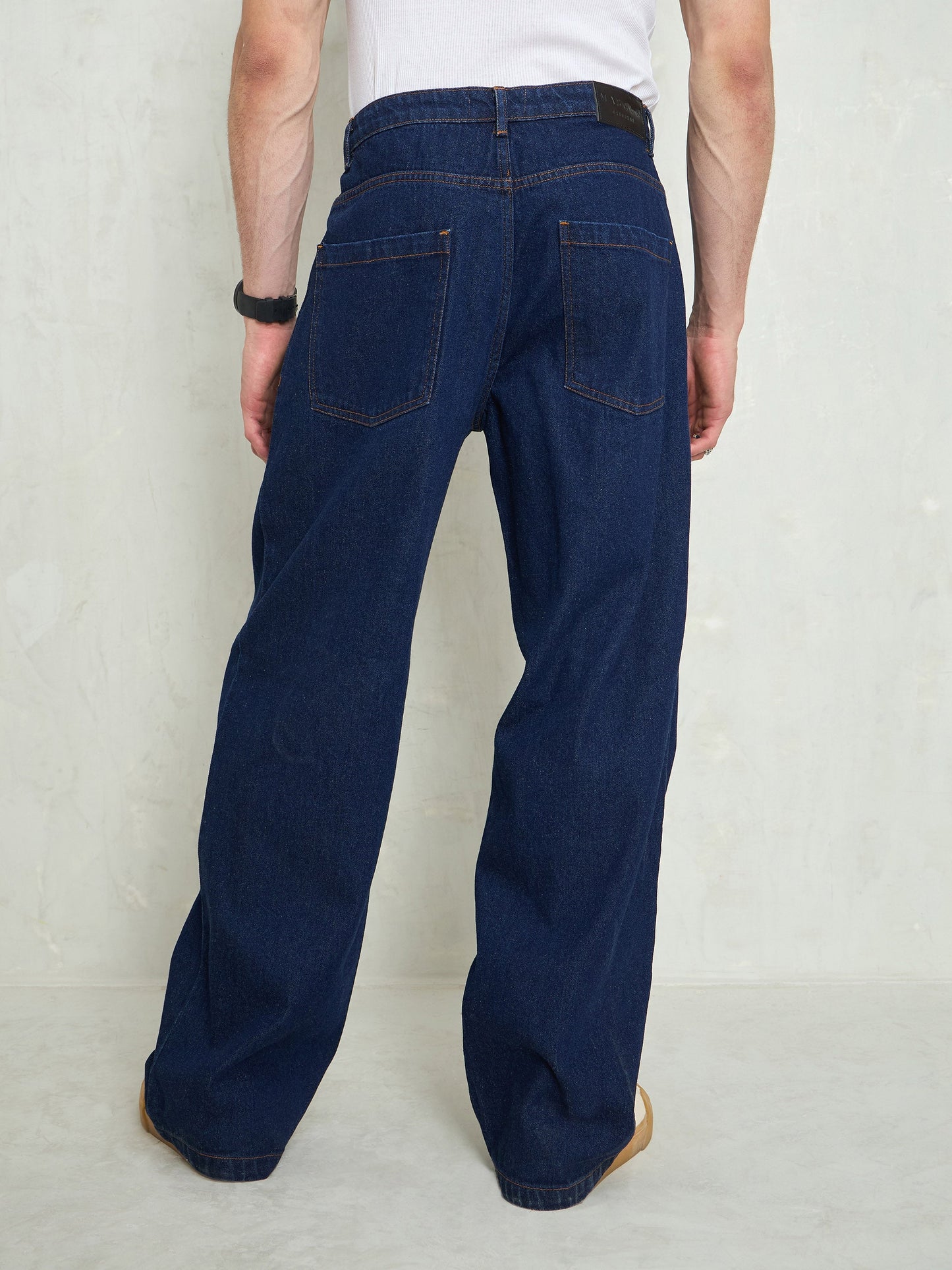 Men Navy Blue Front Dart Wide Leg Jeans