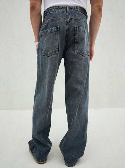 Men Blue Washed Front Dart Wide Leg Jeans