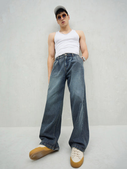 Men Blue Washed Front Dart Wide Leg Jeans
