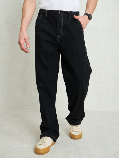 Men Black Contrast Thread Detail Wide Leg Jeans