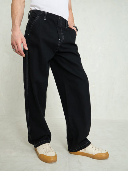 Men Black Contrast Thread Detail Wide Leg Jeans