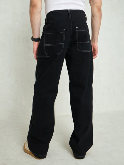 Men Black Contrast Thread Detail Wide Leg Jeans