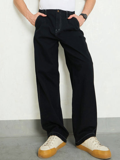 Men Black Contrast Thread Detail Wide Leg Jeans