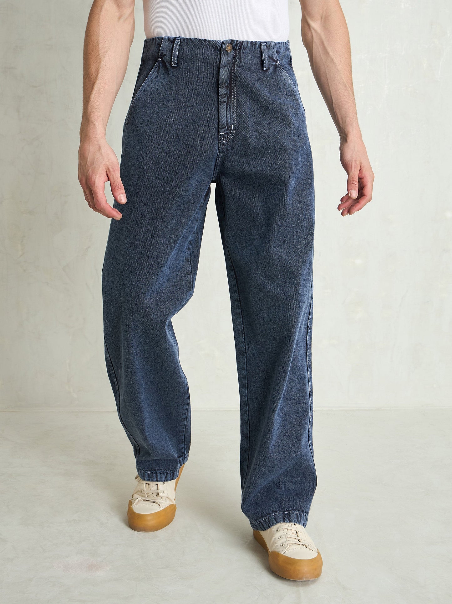 Men Light Blue Contrast Thread Detail Wide Leg Jeans