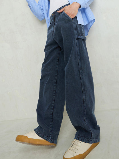 Men Light Blue Contrast Thread Detail Wide Leg Jeans