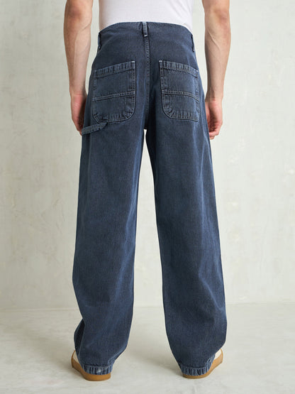 Men Light Blue Contrast Thread Detail Wide Leg Jeans