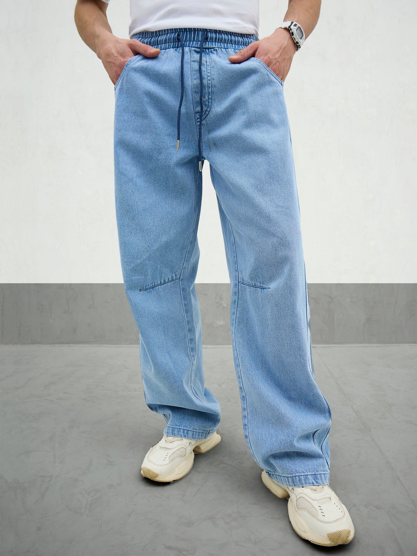 Men Light Blue Washed Knee Dart Wide Leg Jeans