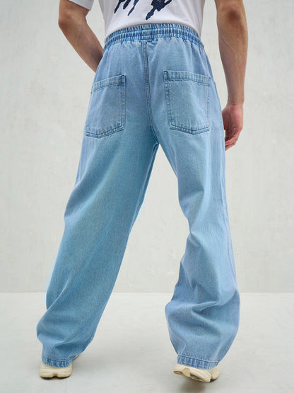 Men Light Blue Washed Knee Dart Wide Leg Jeans