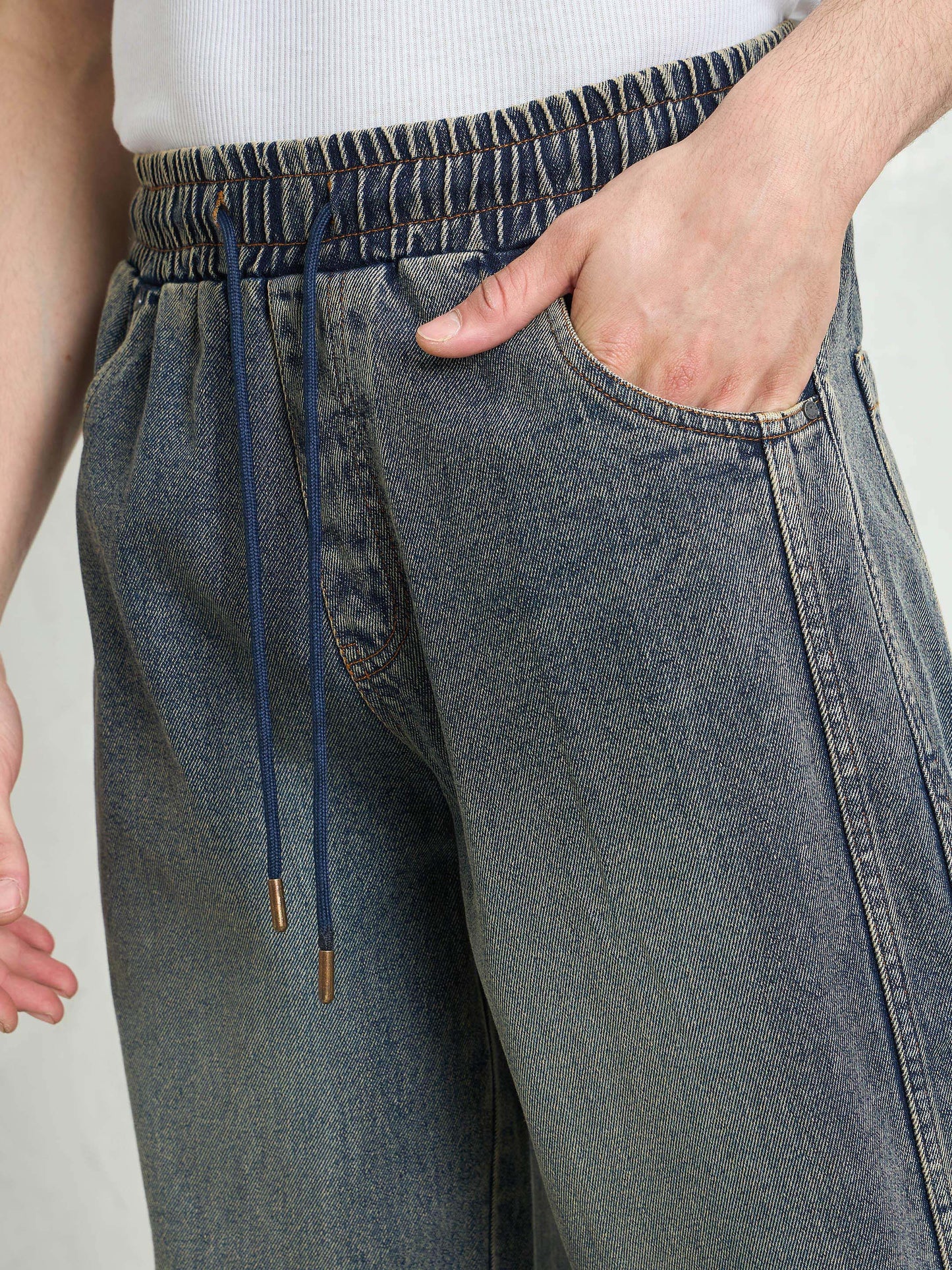 Men Blue Washed Knee Dart Wide Leg Jeans